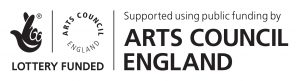 A black and white 'Arts Council England' logo with a drawing of a hand with it's fingers crossed.
