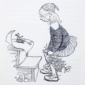 drawing of a little girl with a bunch of flowers looking at a doll sized woman sitting on some steps