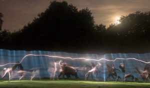 vivid lights and shadows projected onto a screen outside in a park at night